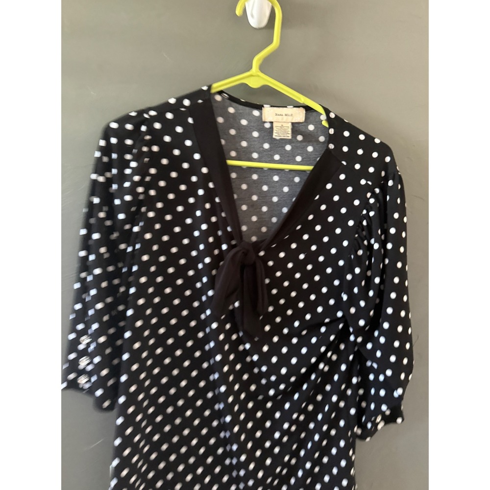 Diana Belle Womens Black White Polka Dot Tie Neck 3/4 Sleeve Blouse Top Size S